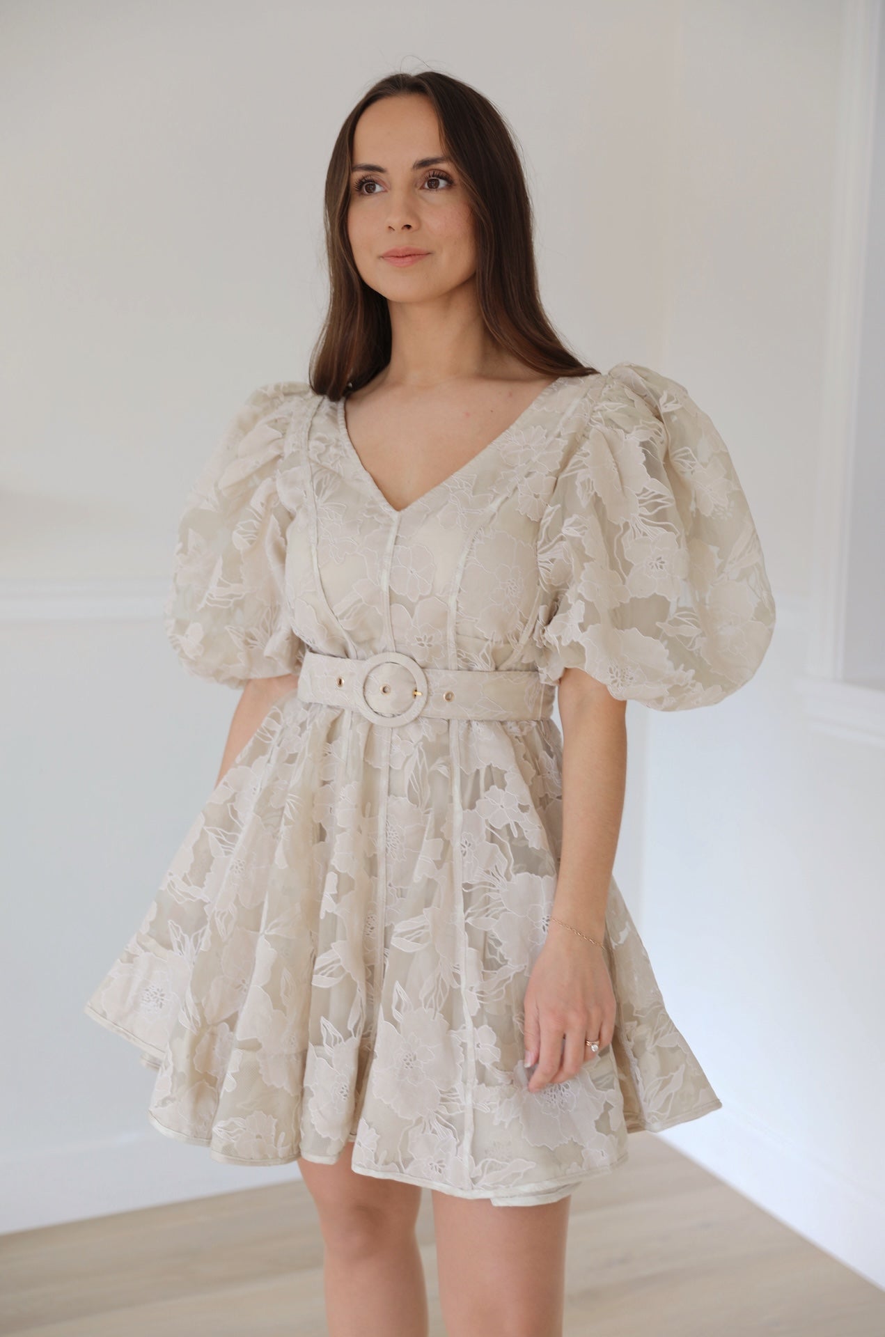 beige organza flowy floral puff sleeve mini dress with statement puffy sleeves and belted.