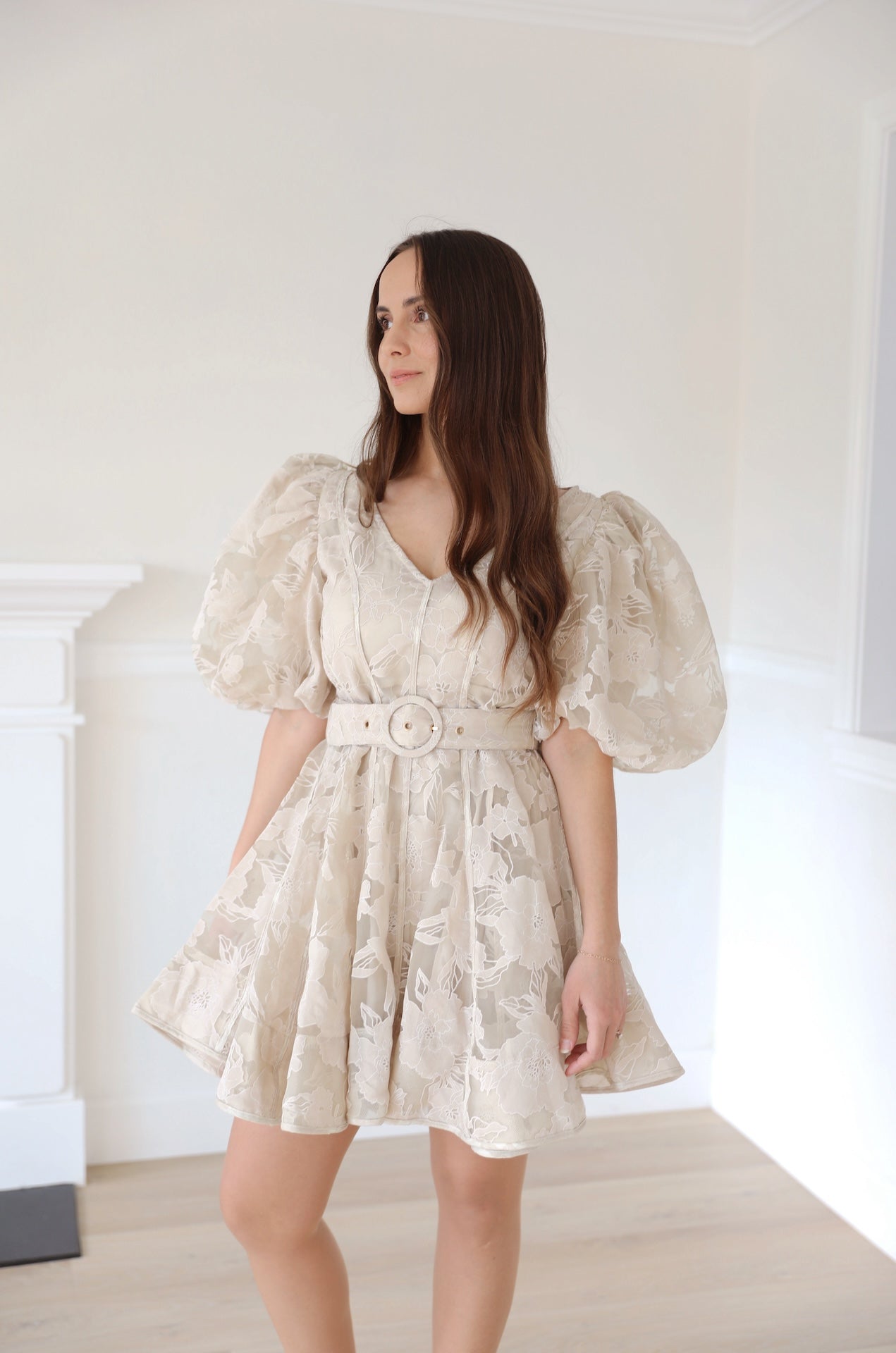 beige organza flowy floral puff sleeve mini dress with statement puffy sleeves and belted.