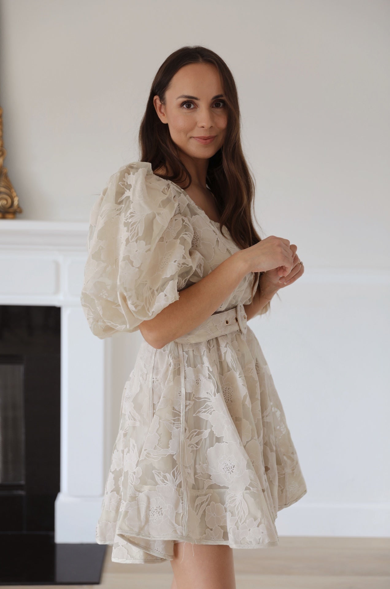 beige organza flowy floral puff sleeve mini dress with statement puffy sleeves and belted.