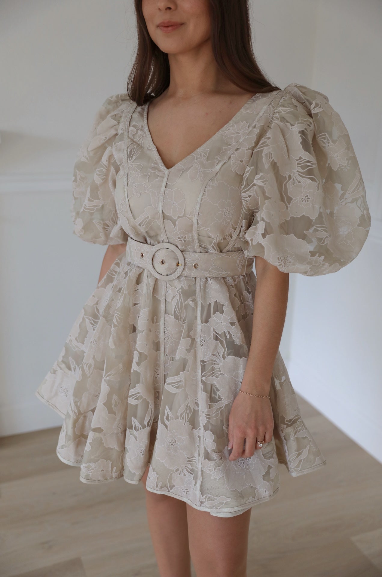 beige organza flowy floral puff sleeve mini dress with statement puffy sleeves and belted.