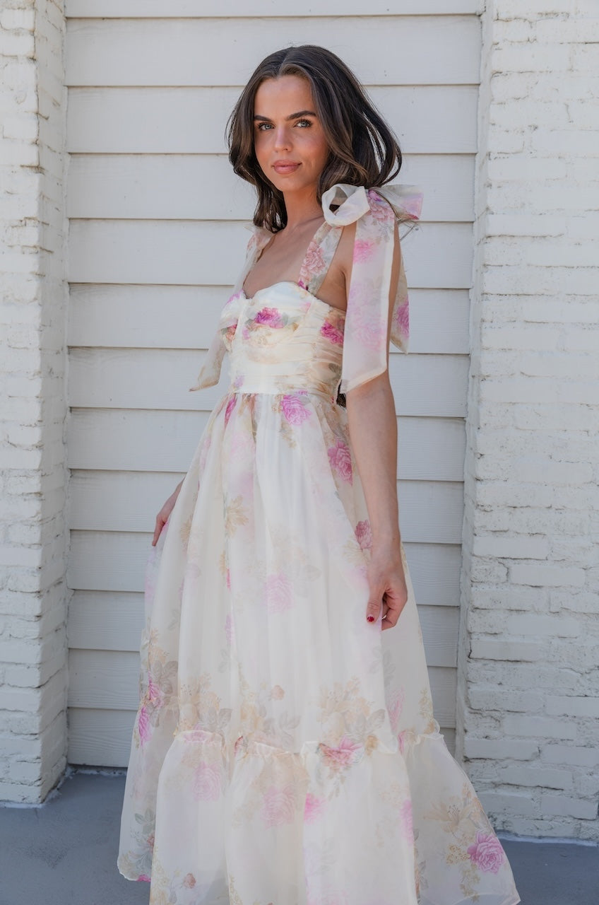 Ivory Floral Tie Strap Midi Dress