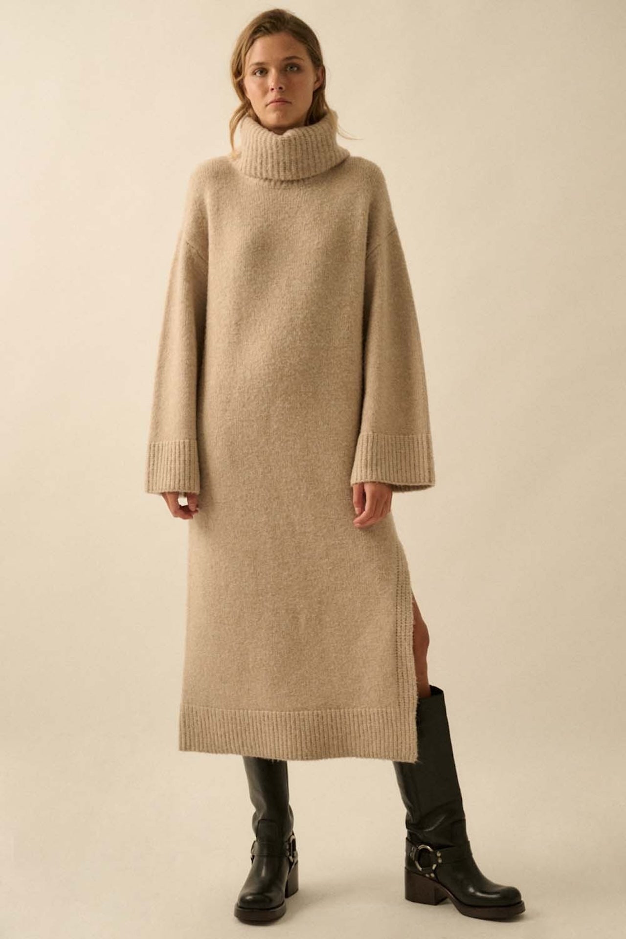Oversized Turtleneck Sweater Dress - Beige Knit