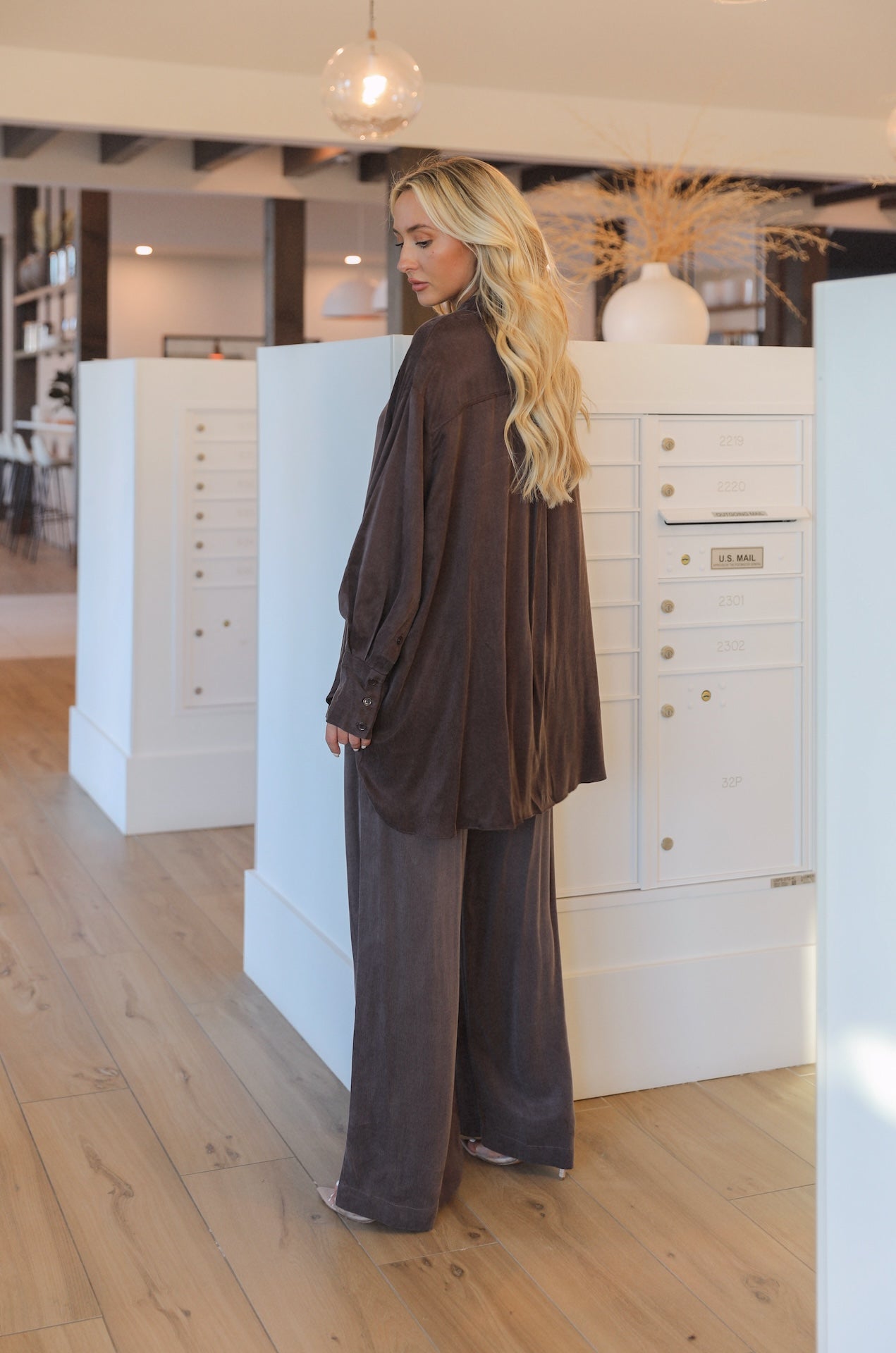 brown long sleeve oversized button down ants set