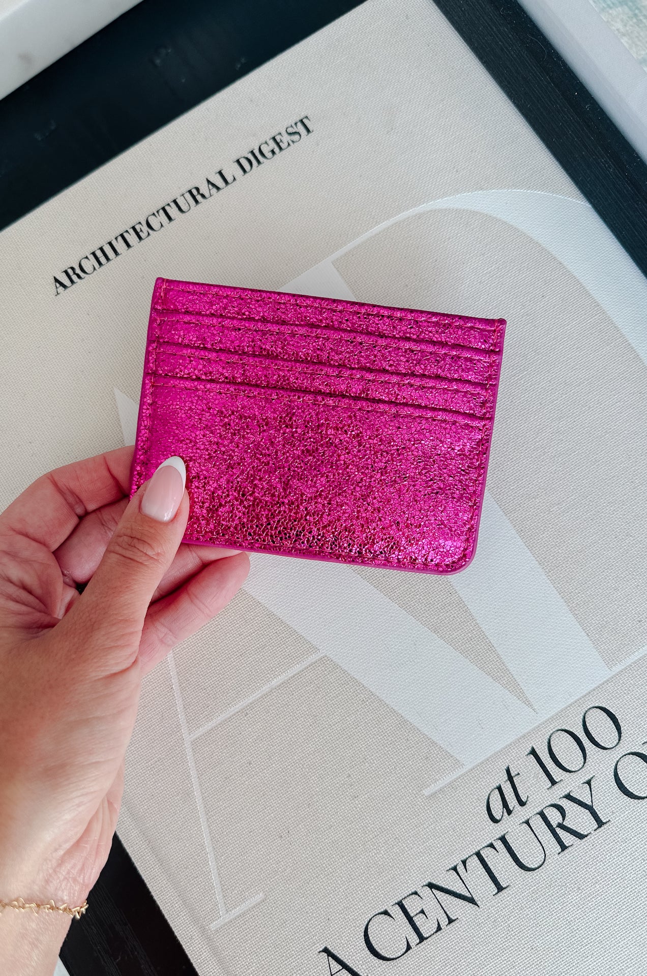 pink card wallet that is slim with multi card slots