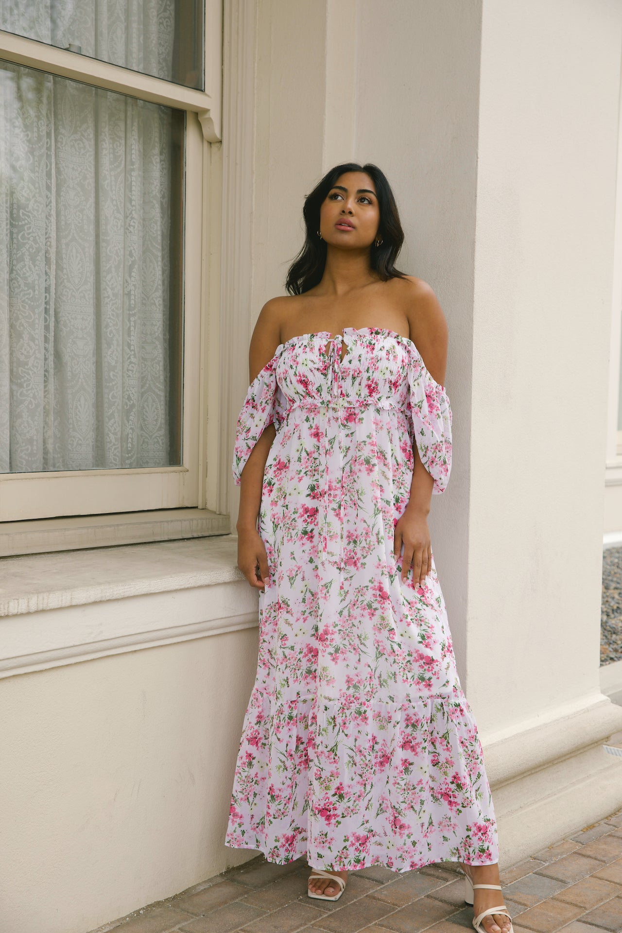 white and pink floral maxi dress with puff sleeves