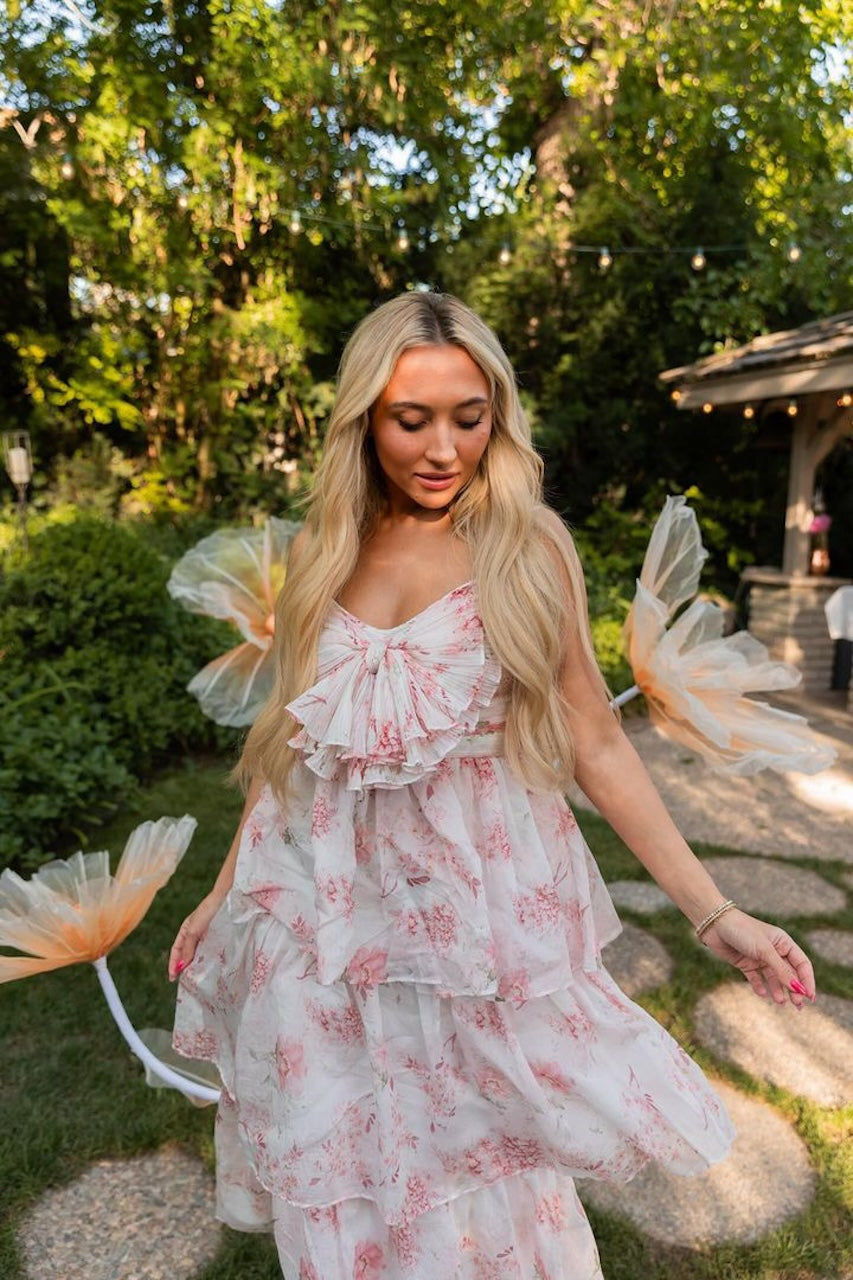 Pink Floral Tiered Midi Dress M Pink Floral Tiered Midi Dress M