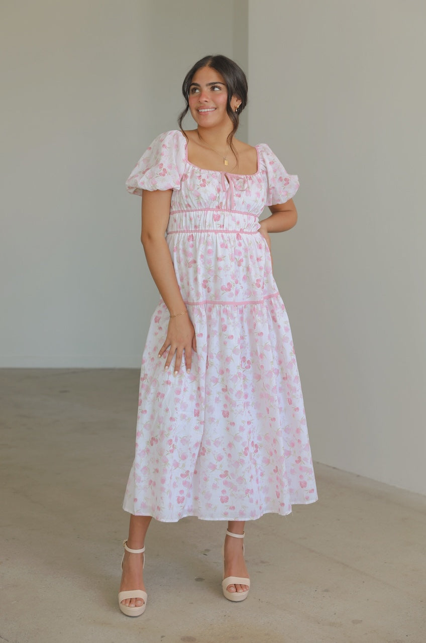 Ivory Pink Floral Puff Sleeve Midi Dress
