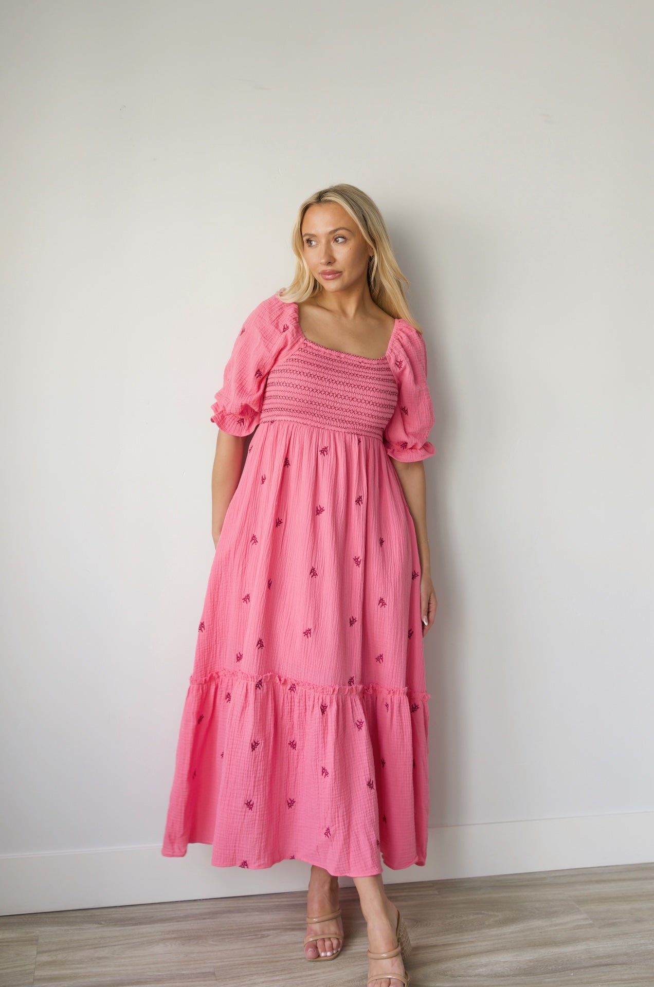 Tory Embroidered Gauzey Midi Dress - Pink