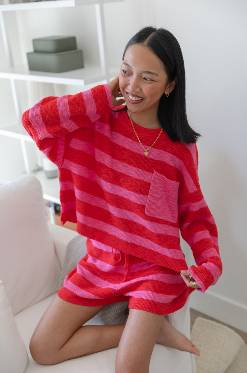 Pink/Red Striped Knit Top & Shorts Set