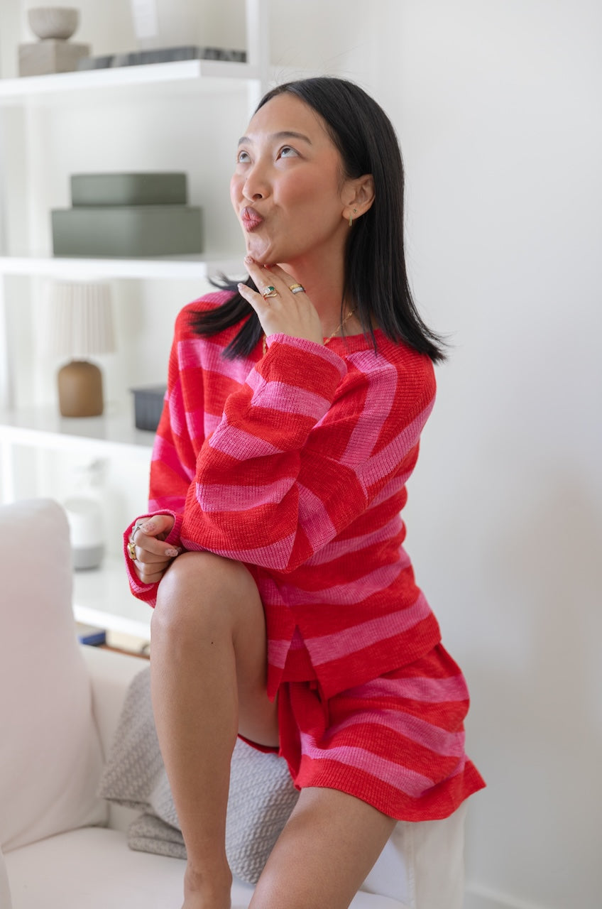 Pink/Red Striped Knit Top & Shorts Set