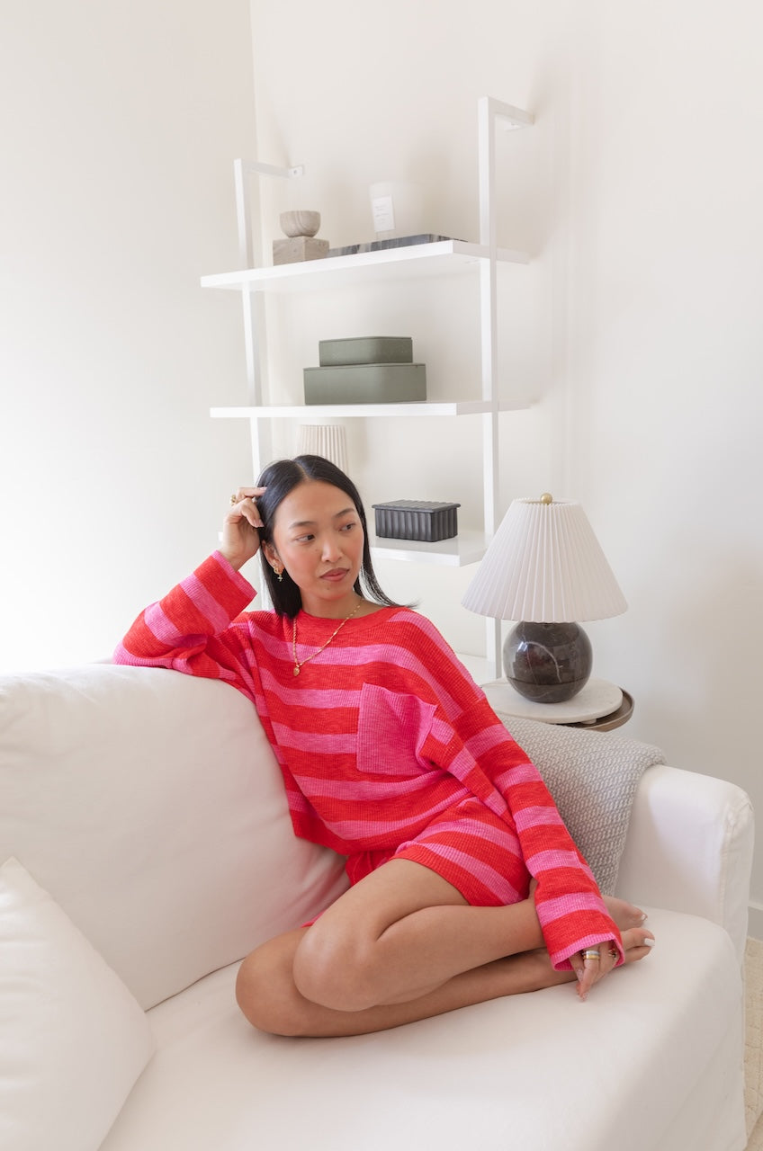 Pink/Red Striped Knit Top & Shorts Set