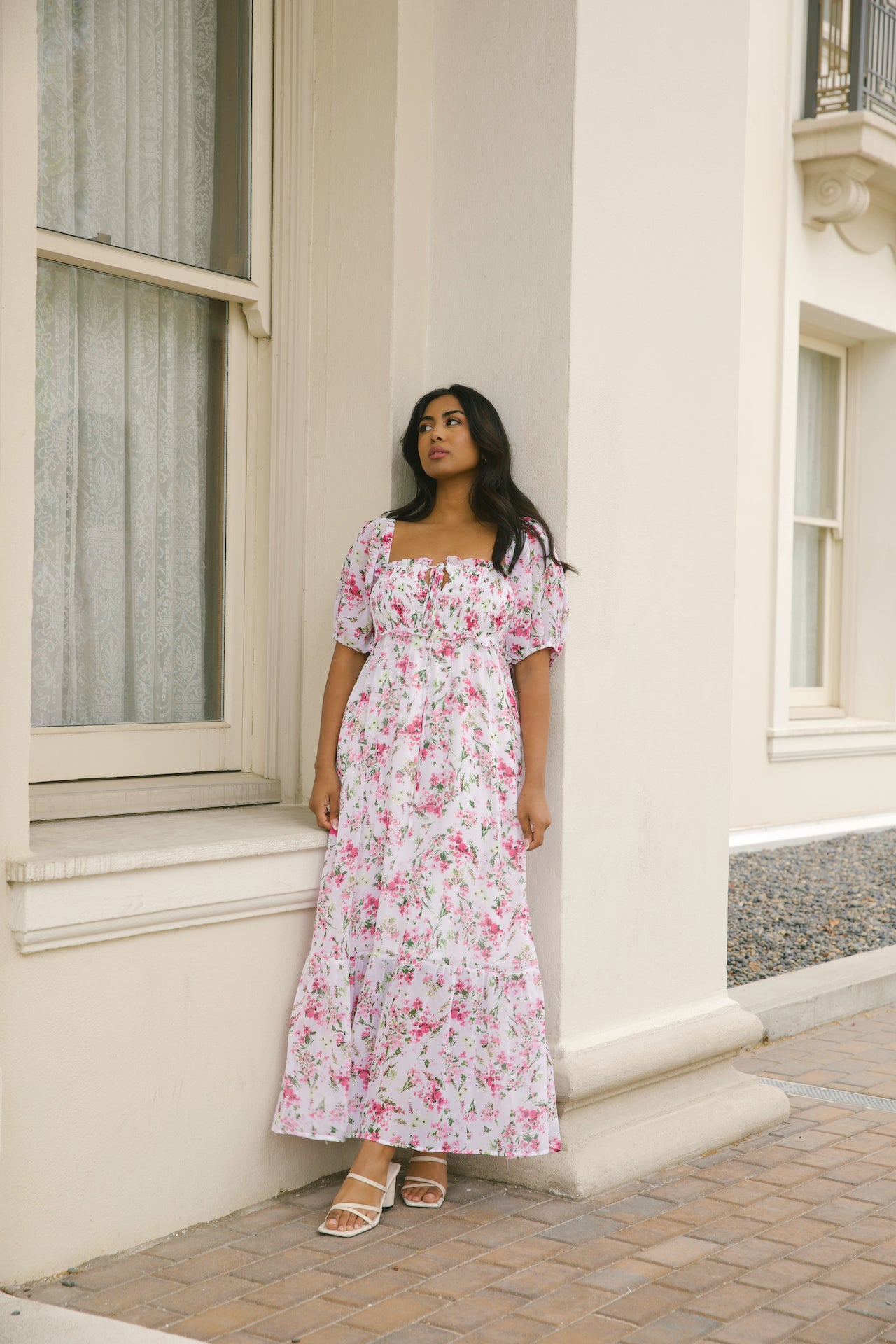 white and pink floral maxi dress with puff sleeves