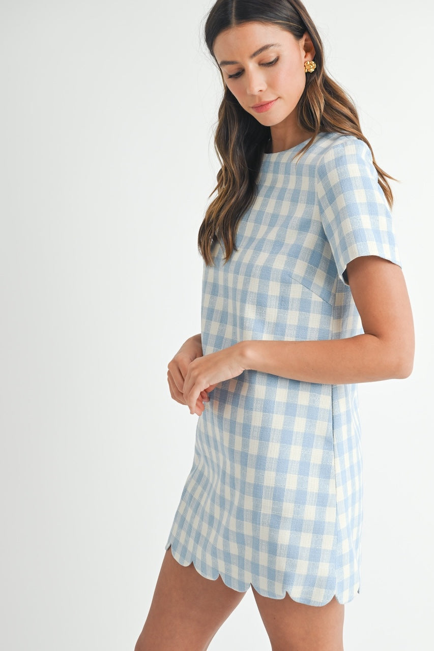 Blue Gingham Mini Dress with Scallop Hem - S Blue Gingham Mini Dress with Scallop Hem - S