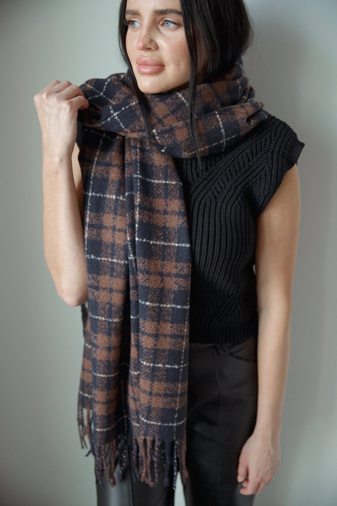 multicolor brown and blue plaid scarf