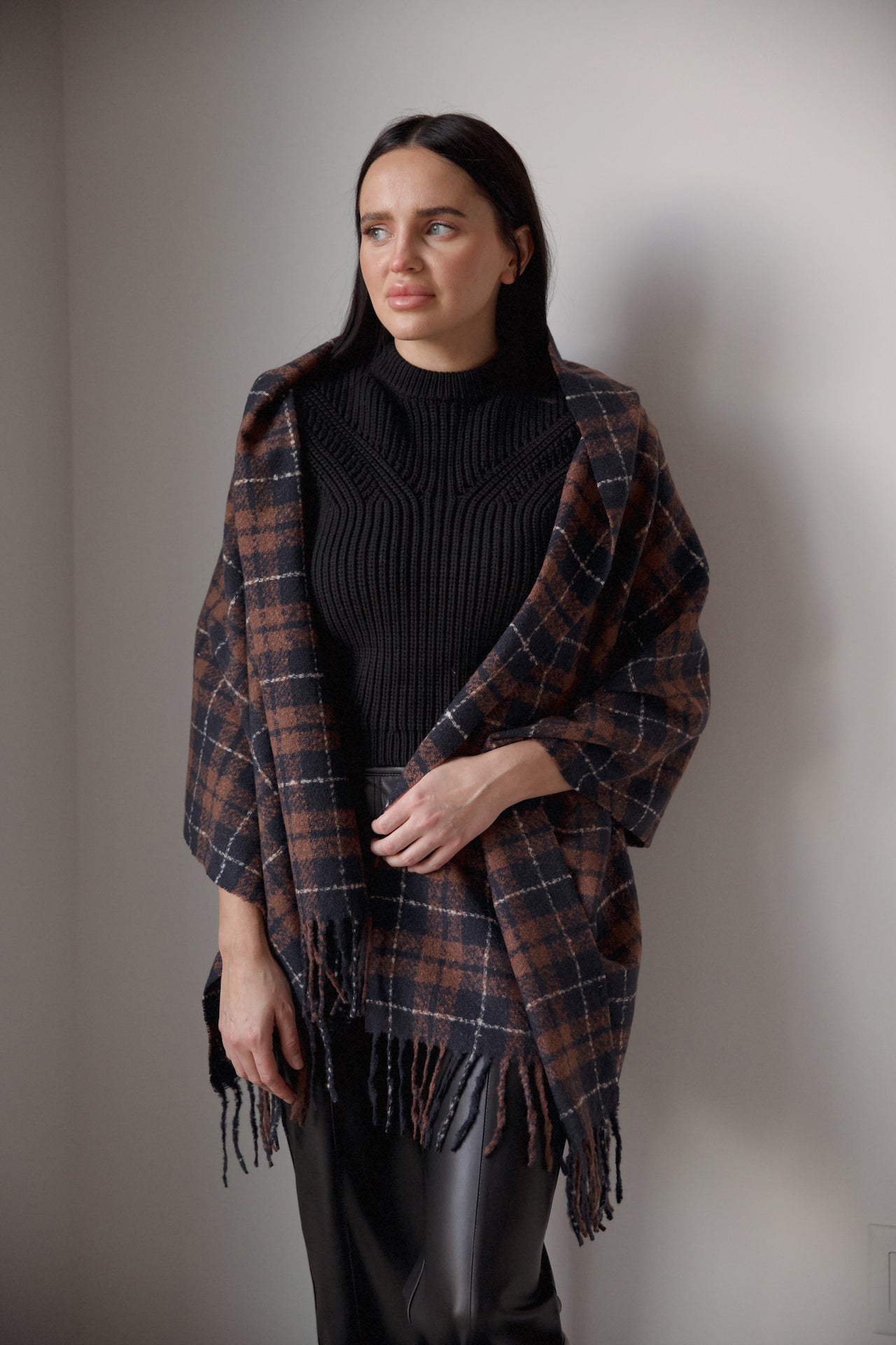 multicolor brown and blue plaid scarf