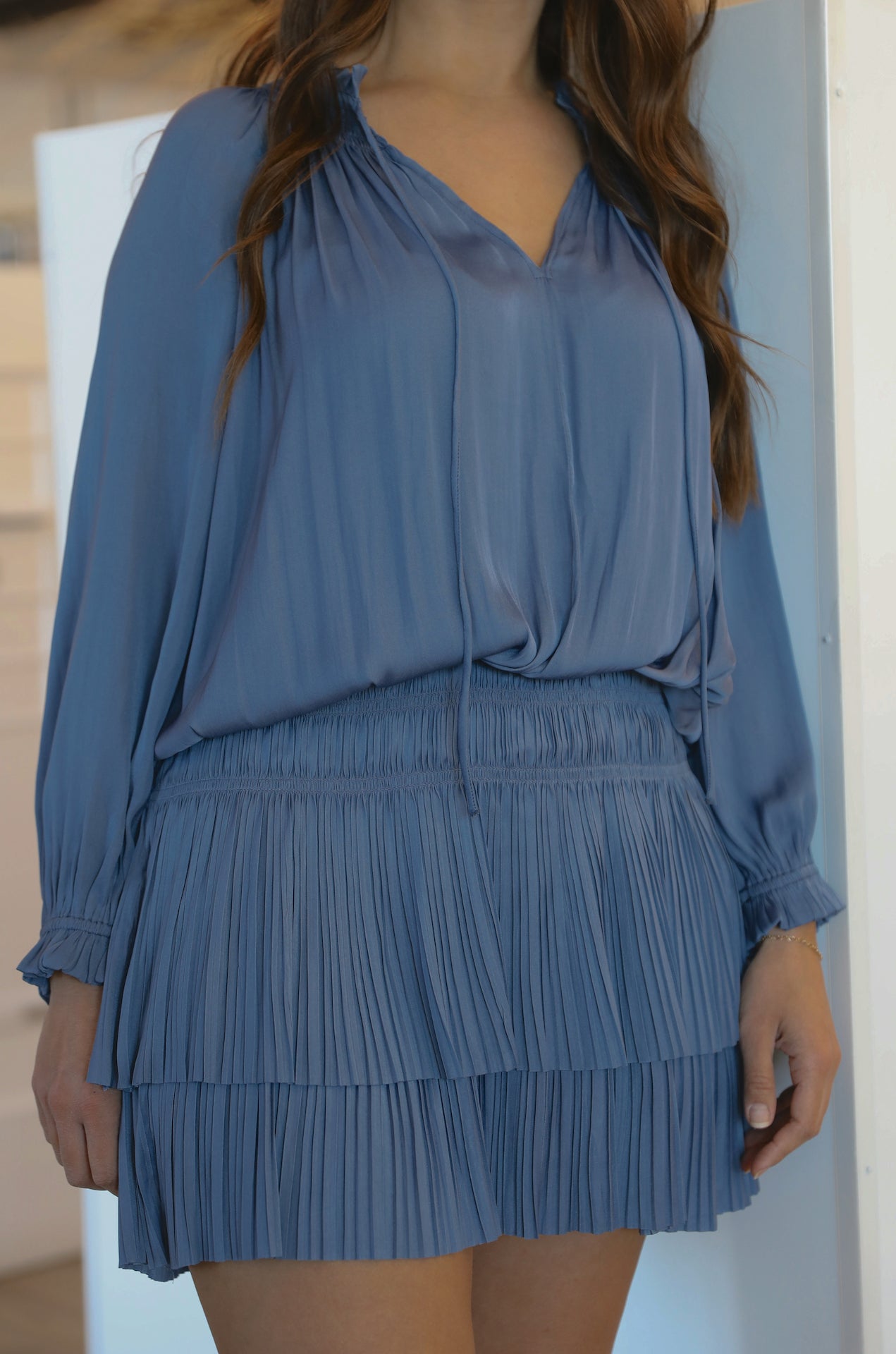 Aurelie Pleated Mini Dress - Dusty Blue