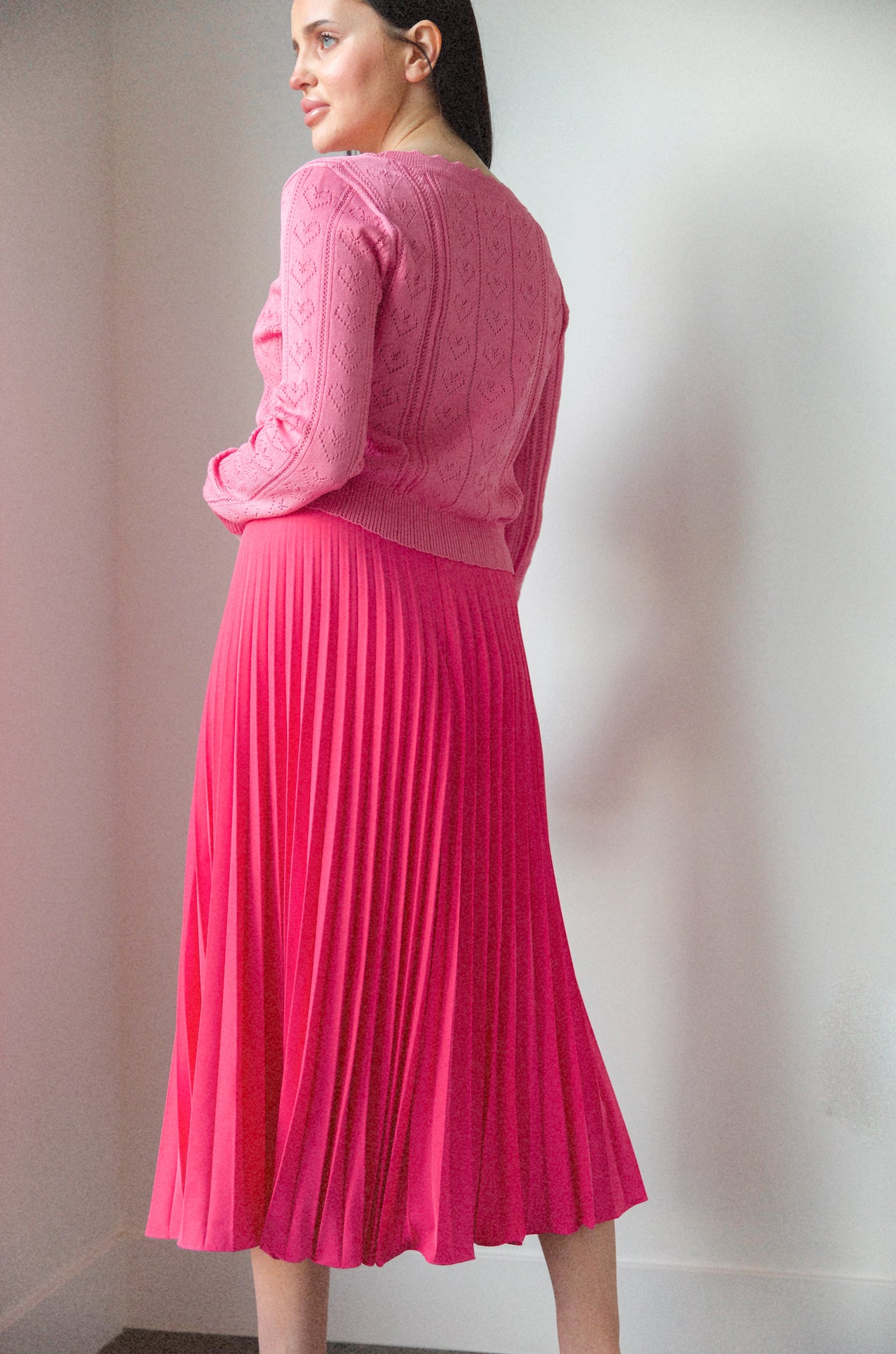 Pink and red clearance pleated midi skirt