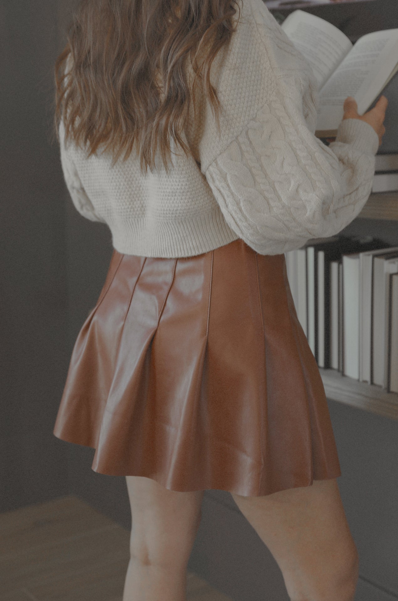 brown faux leather pleated mini skirt