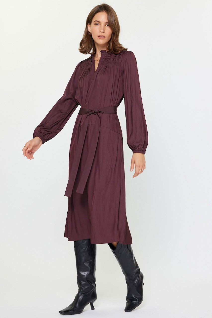 Long Sleeve Satin Midi - Plum Shirt Dress