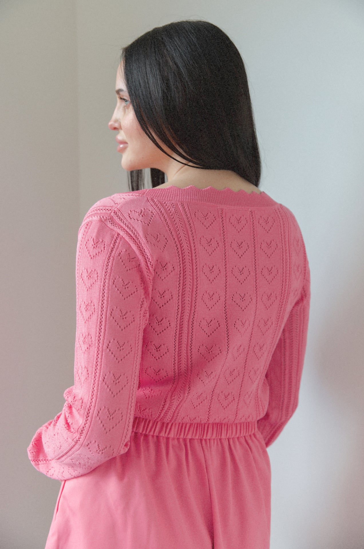 Pink Pointelle Hearts Knit Cardigan