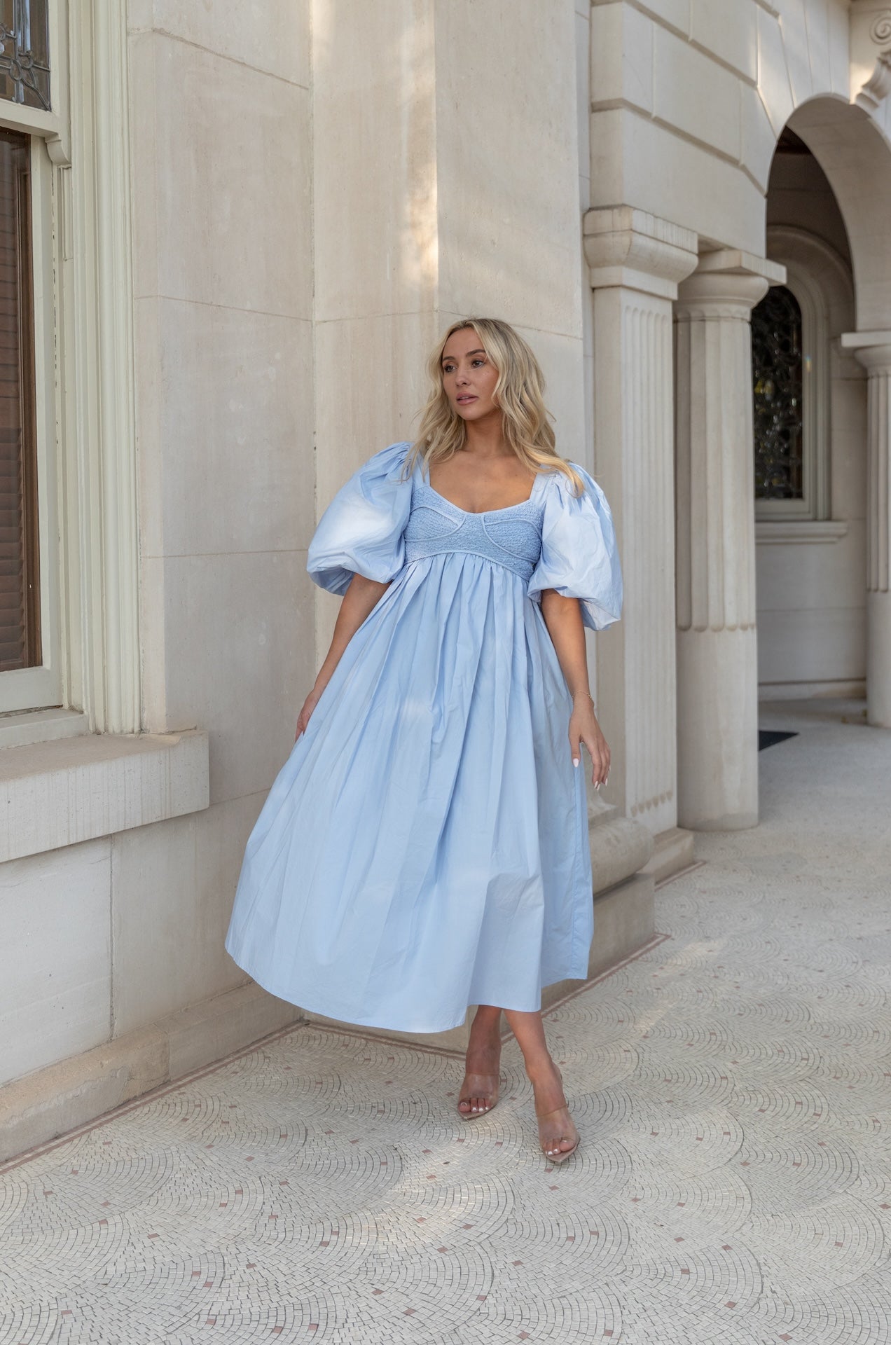 Blue Poplin Puff Sleeve Midi Dress