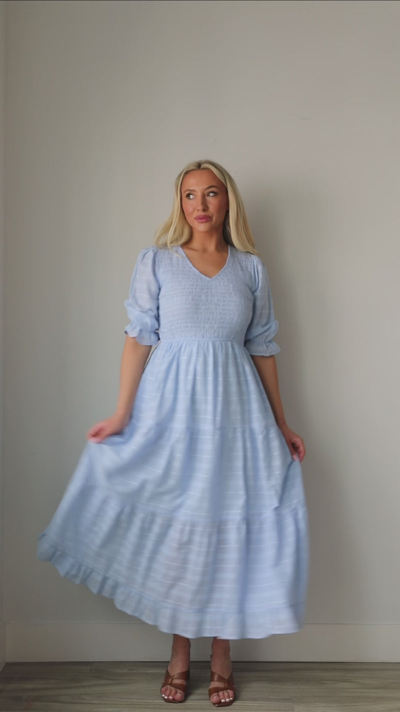 Blue Smocked Modest Midi Dress