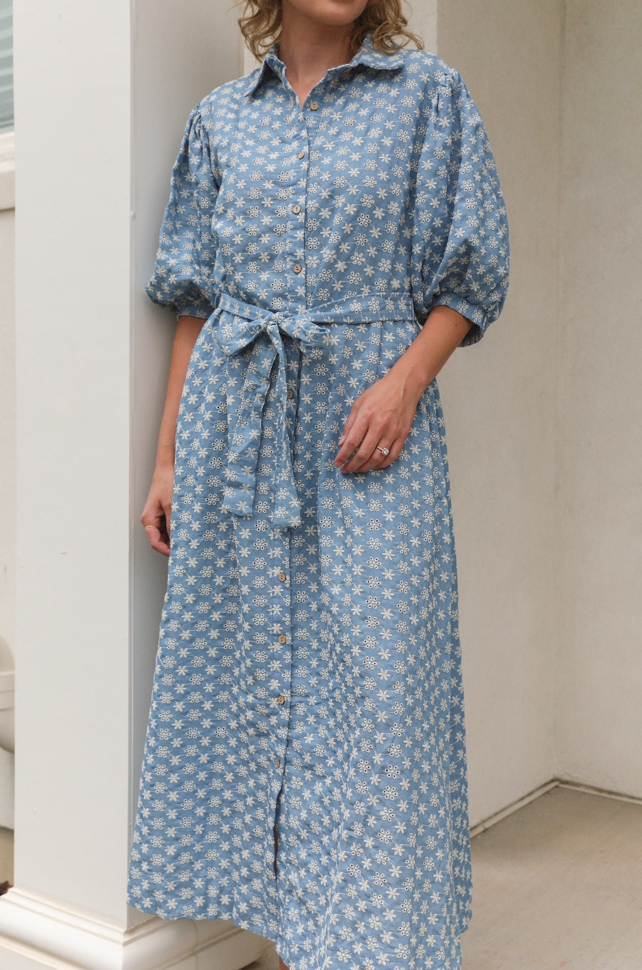 denim blue floral embroidered button down midi dress