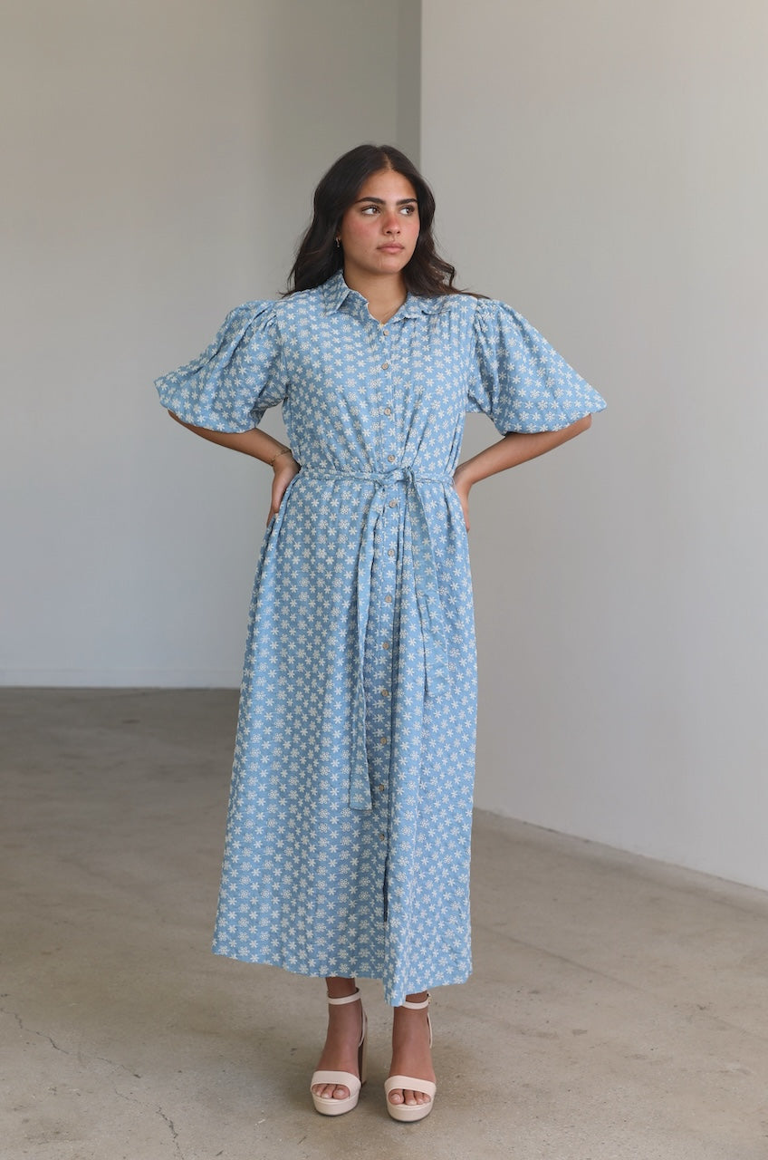 denim blue floral embroidered button down midi dress