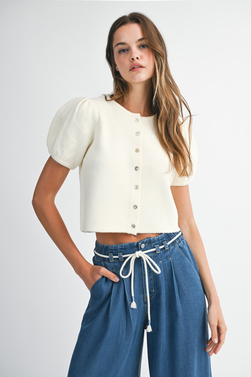 White Cropped Puff Sleeve Cardigan Sweater