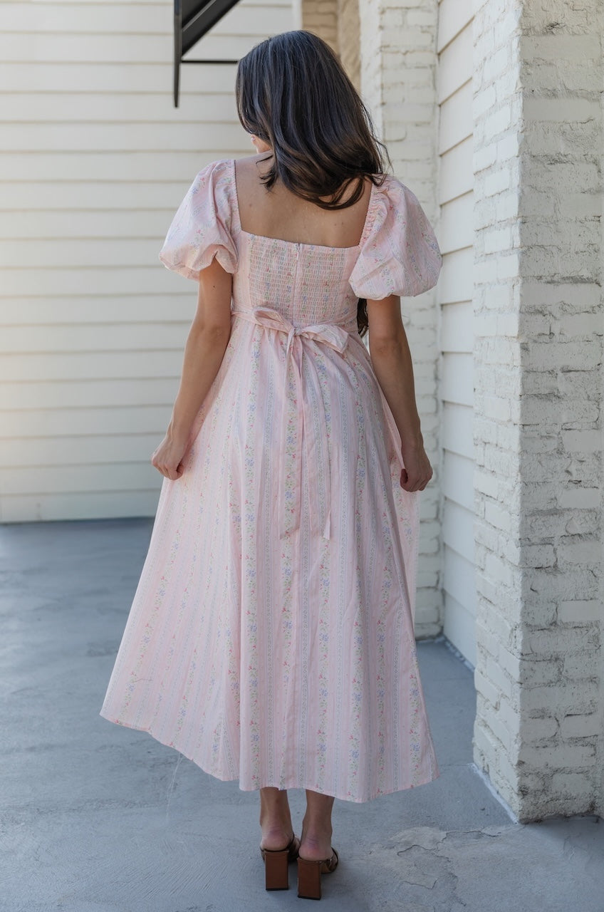 Pink Floral Cotton Puff Sleeve Midi Dress