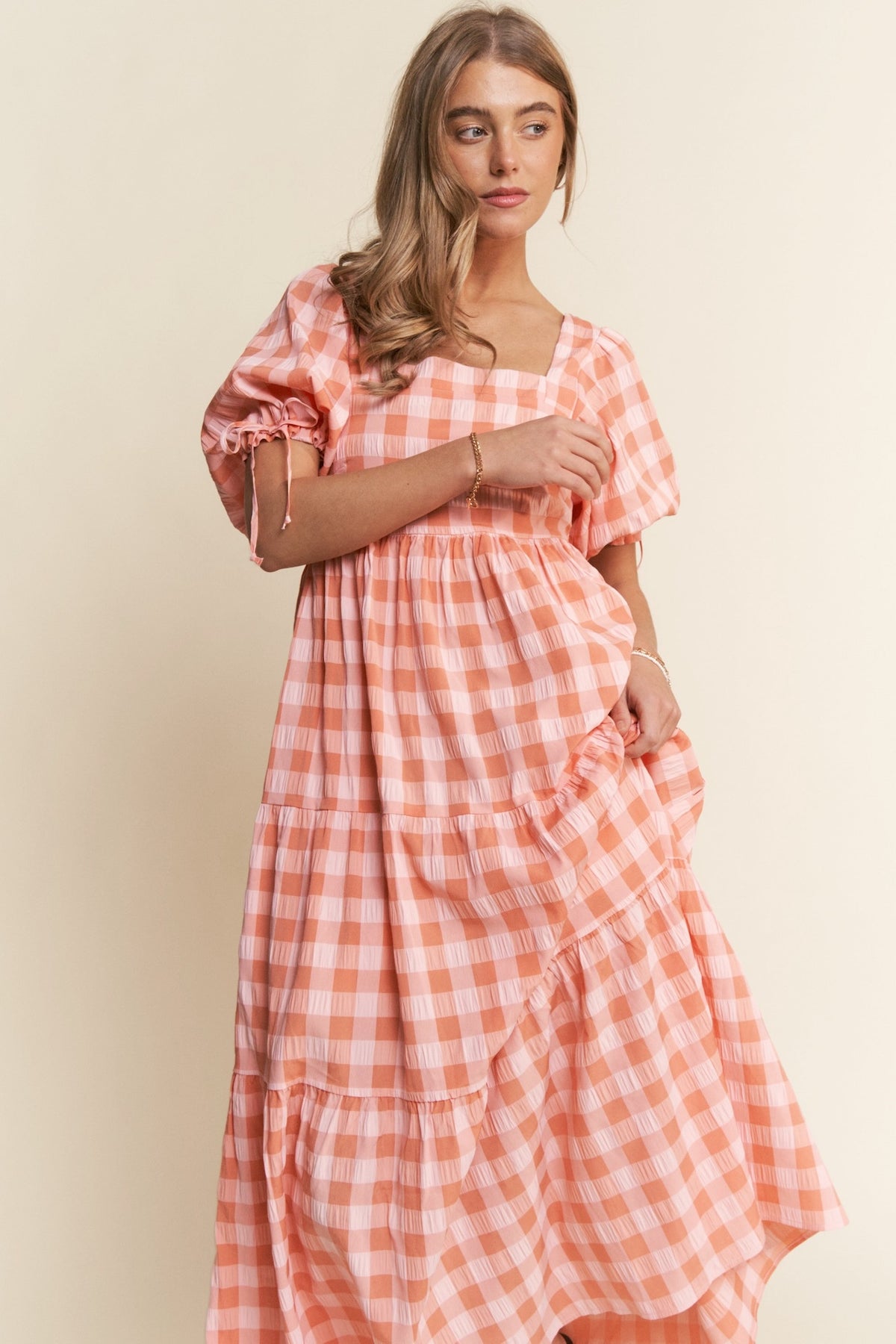 Orange Gingham Puff Sleeve Maxi Dress