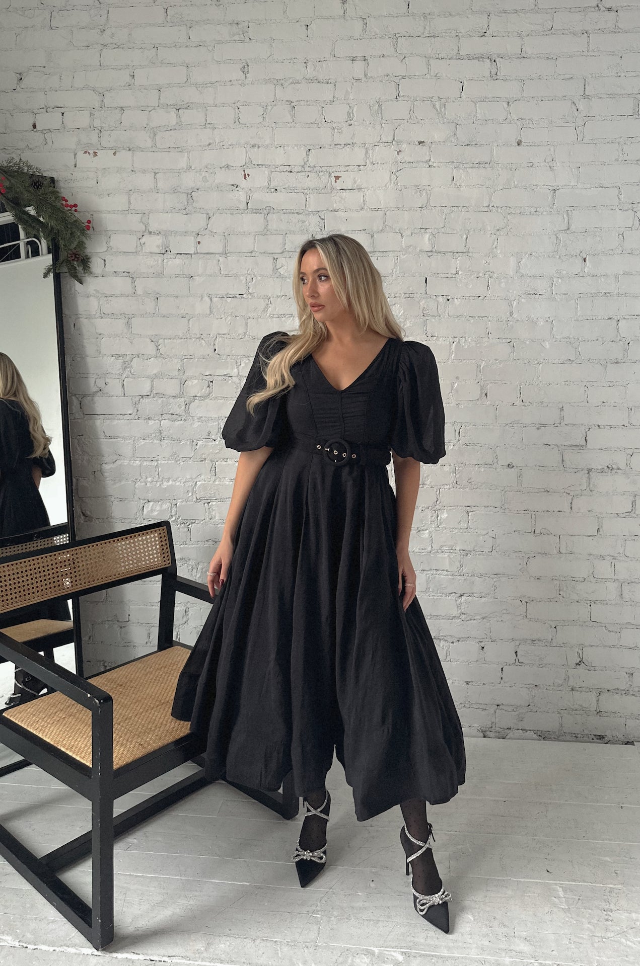 Black Puff Sleeve Midi Dress