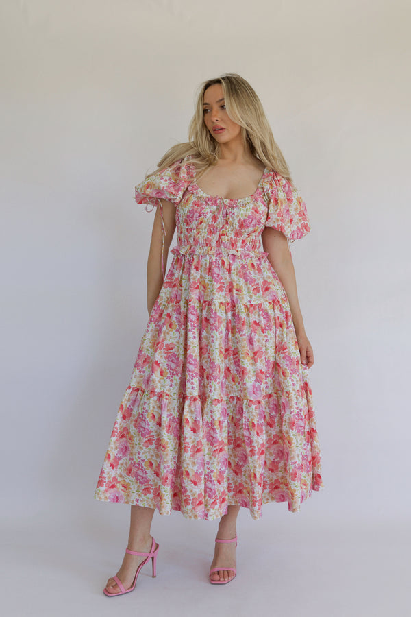 Floral Print Tiered Dress with Puff Sleeves - Button-Down Casual Summer Dress main image 0