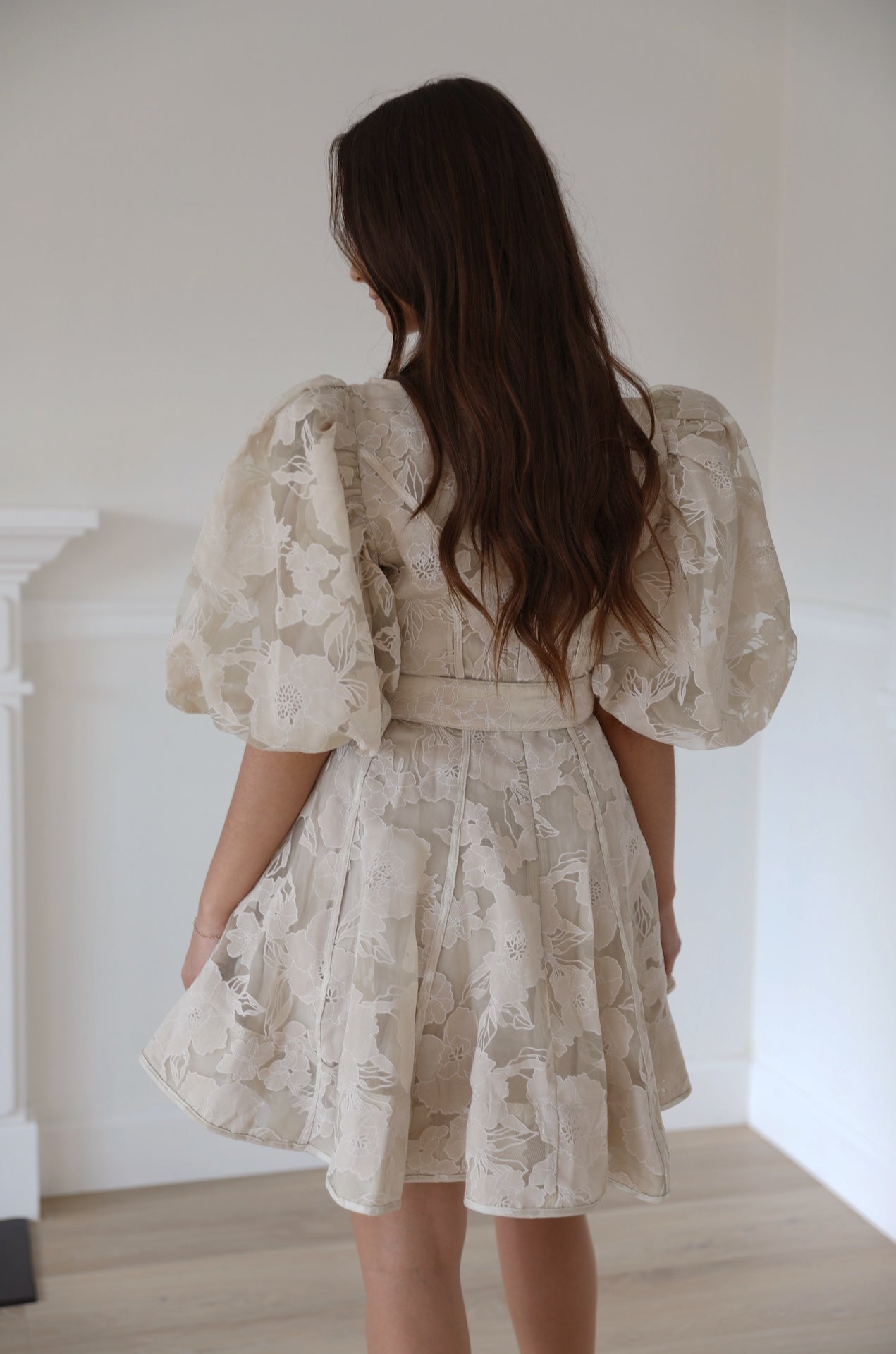 beige organza flowy floral puff sleeve mini dress with statement puffy sleeves and belted.