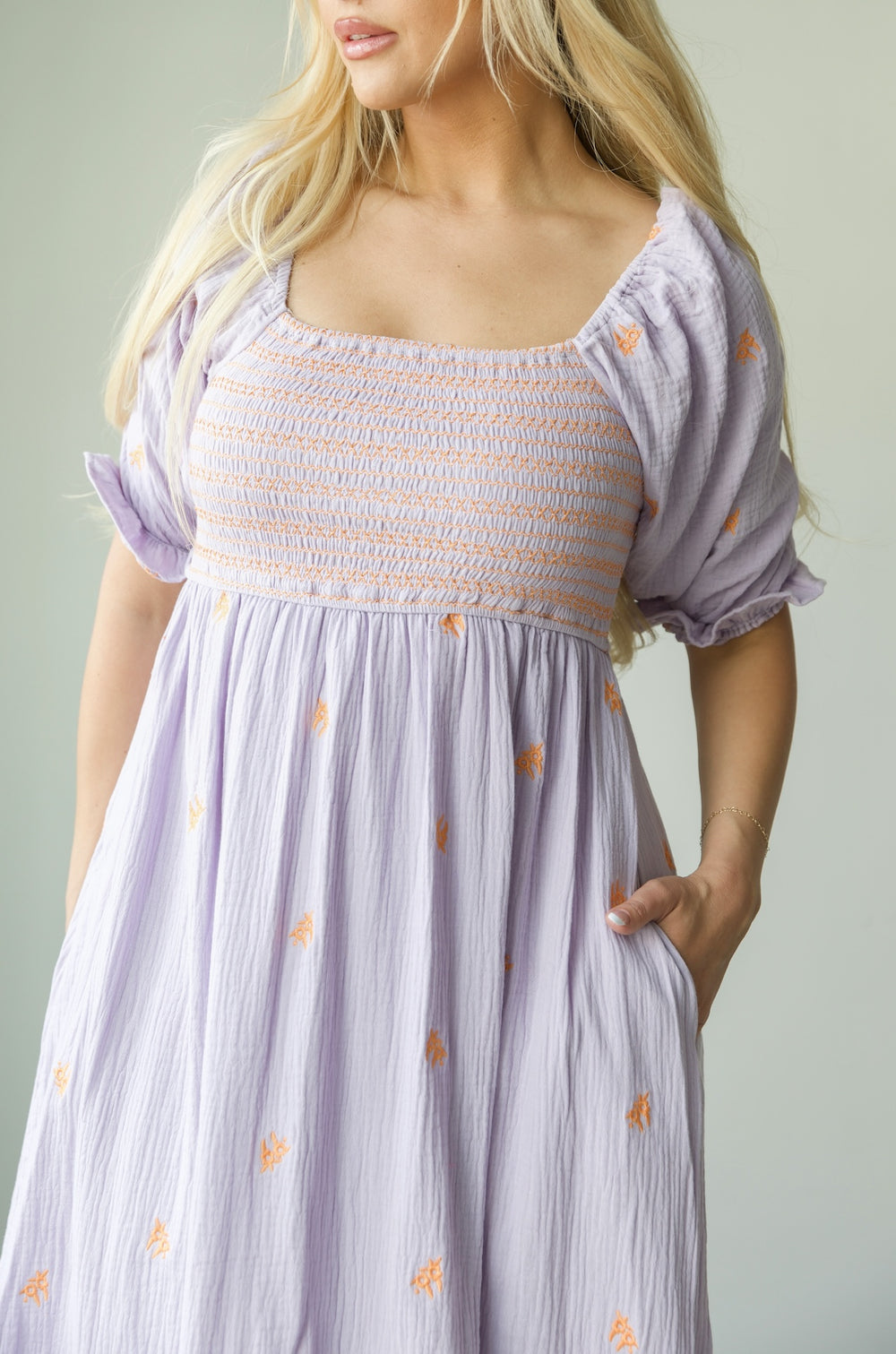 LAVENDER W/WHITE EMBROIDERY HALF SLEEVE MIDI DRESS