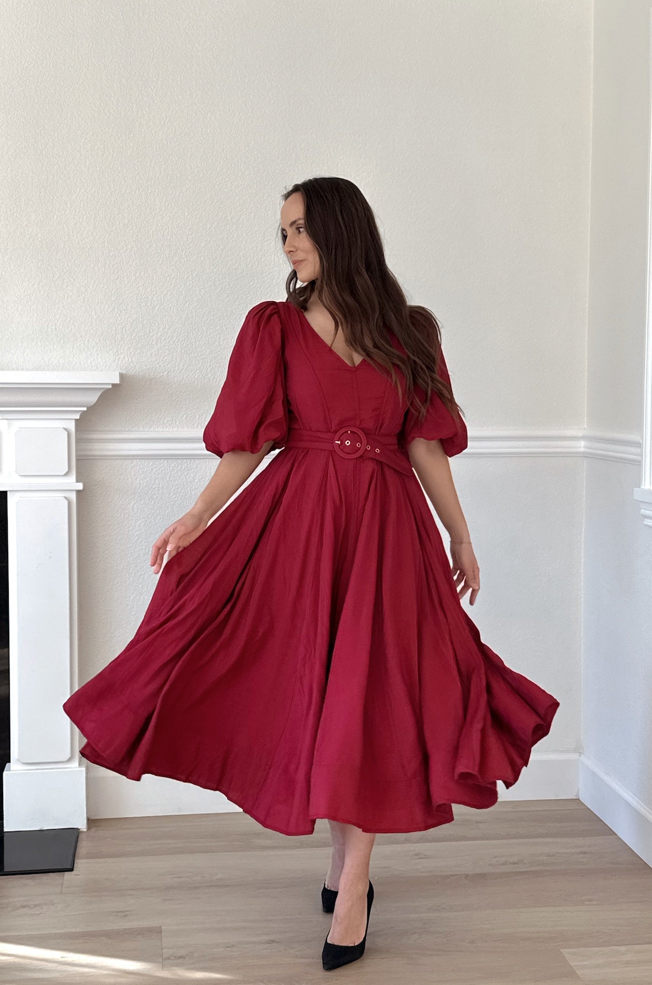 Charlotte Burgundy Puff Sleeve Midi Dress