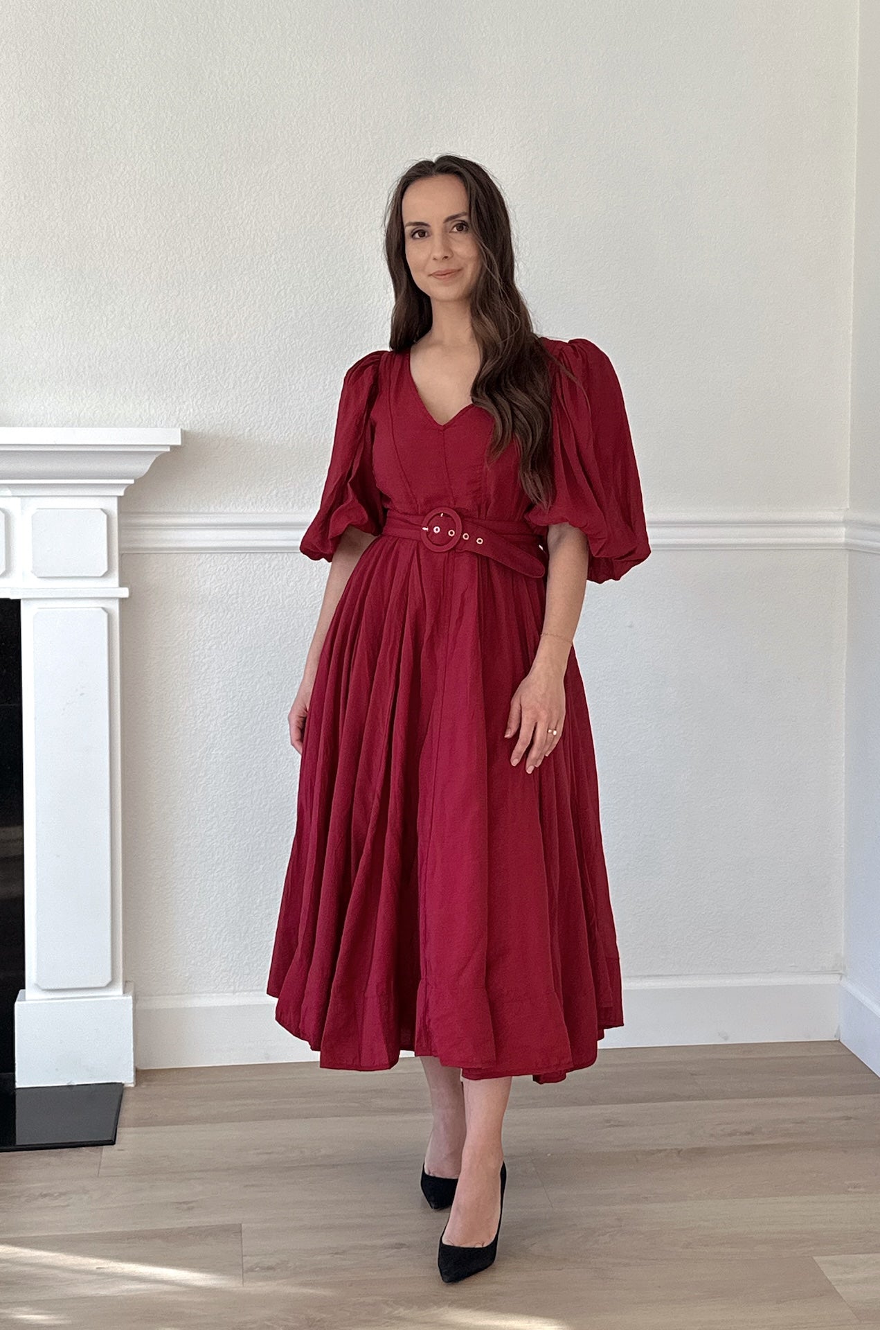 Charlotte Burgundy Puff Sleeve Midi Dress