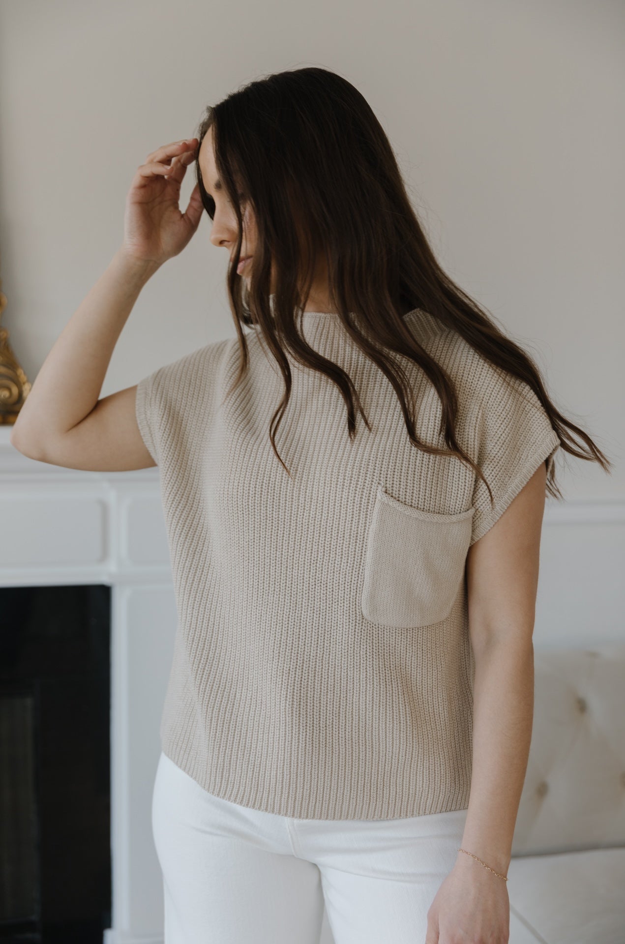 Taupe Knit Sweater Top With Pocket