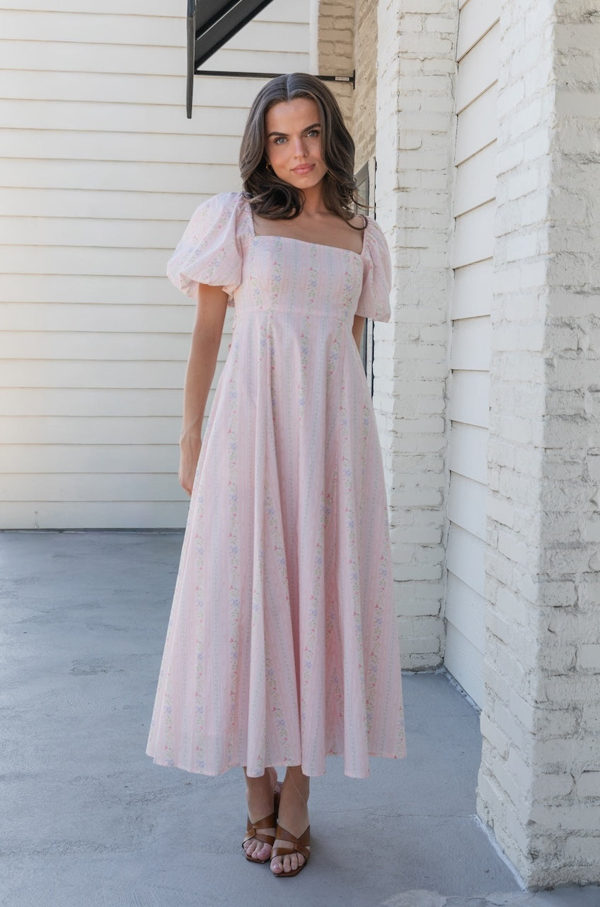 Pink Floral Cotton Puff Sleeve Midi Dress