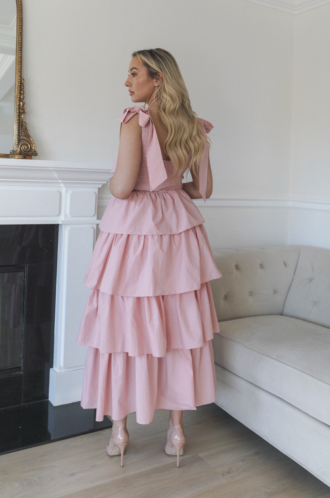pink ruffle tiered midi dress with smocked bodice