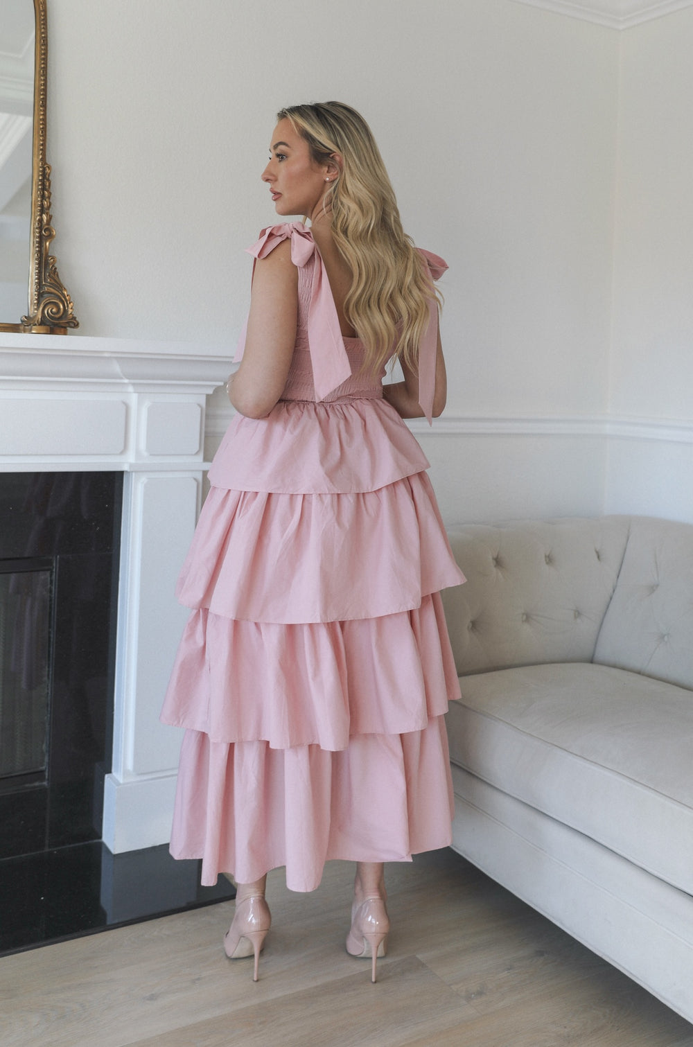 Powder Pink Ruffle Dress Pink Ruffle Midi Dress