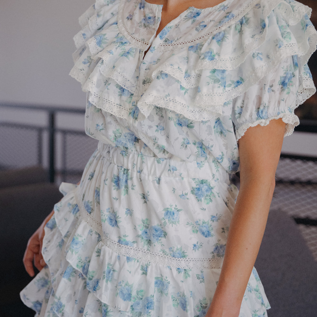 Blue and White Floral Ruffle Mini Dress