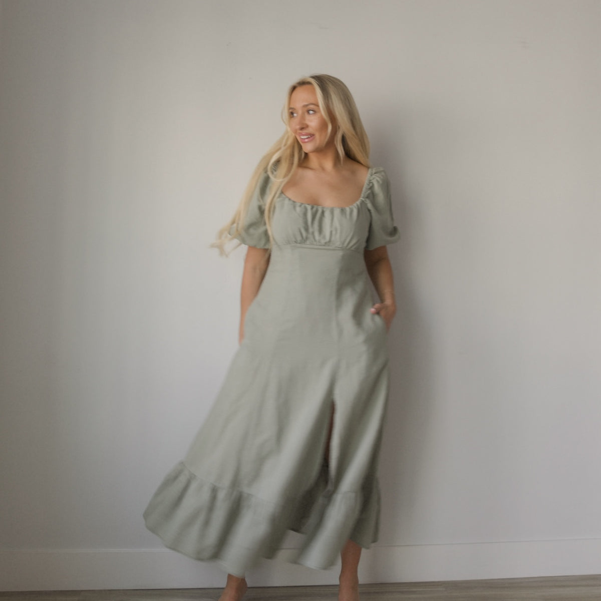 Sage Linen Puff Sleeve Dress L