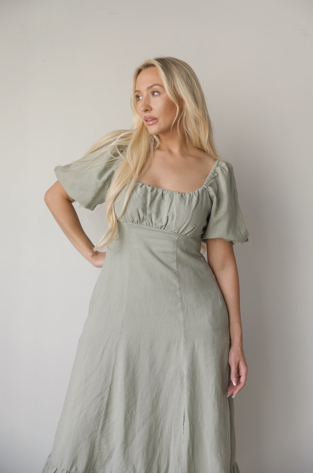 Linen Smocked Puff Sleeve Dress