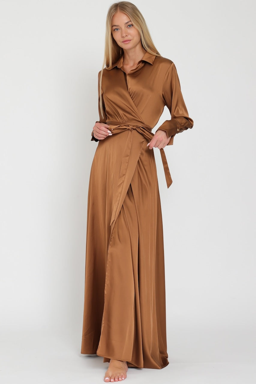 Bronze satin wrap maxi dress with collar and long sleeves