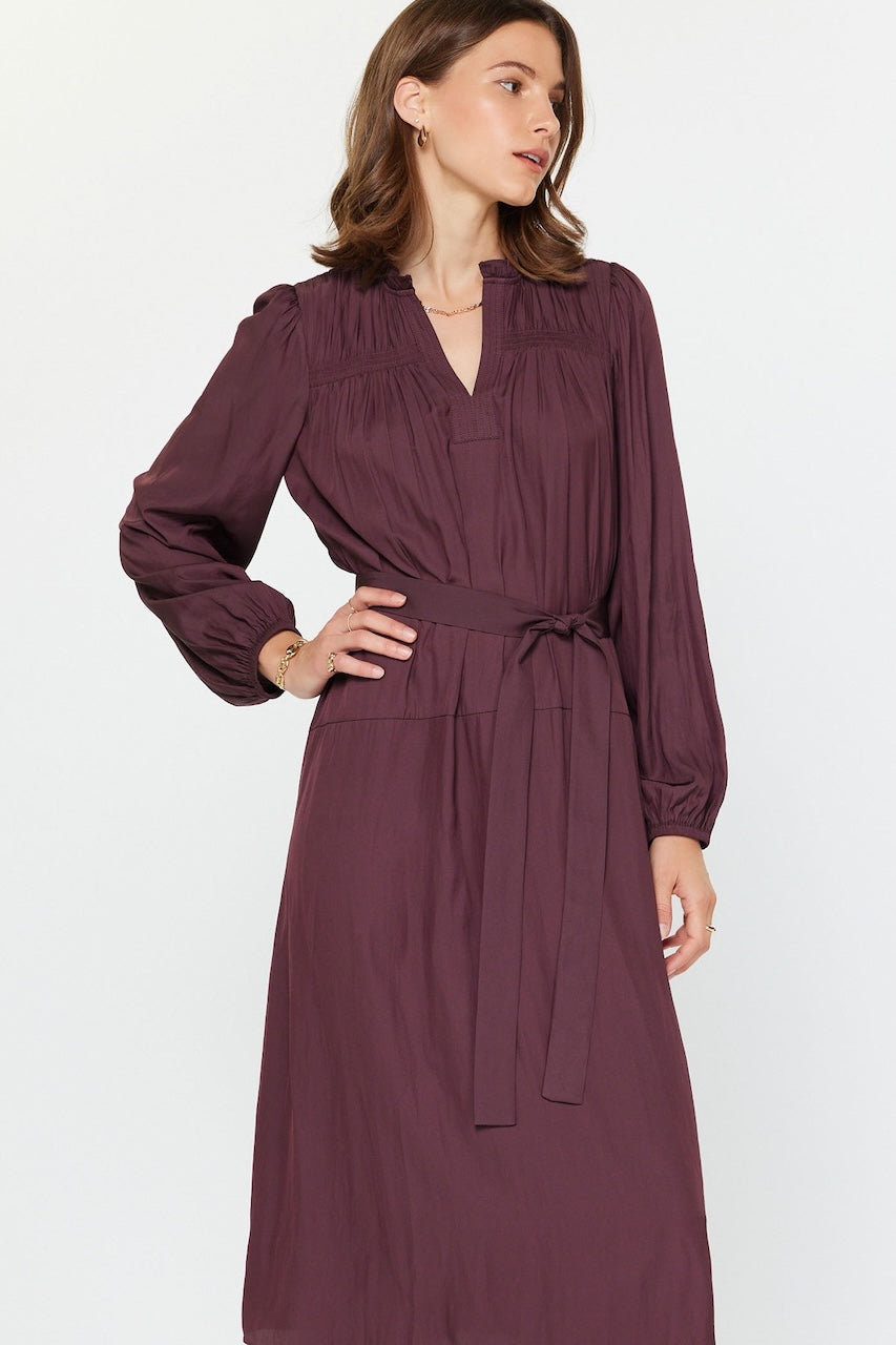 Long Sleeve Satin Midi - Plum Shirt Dress