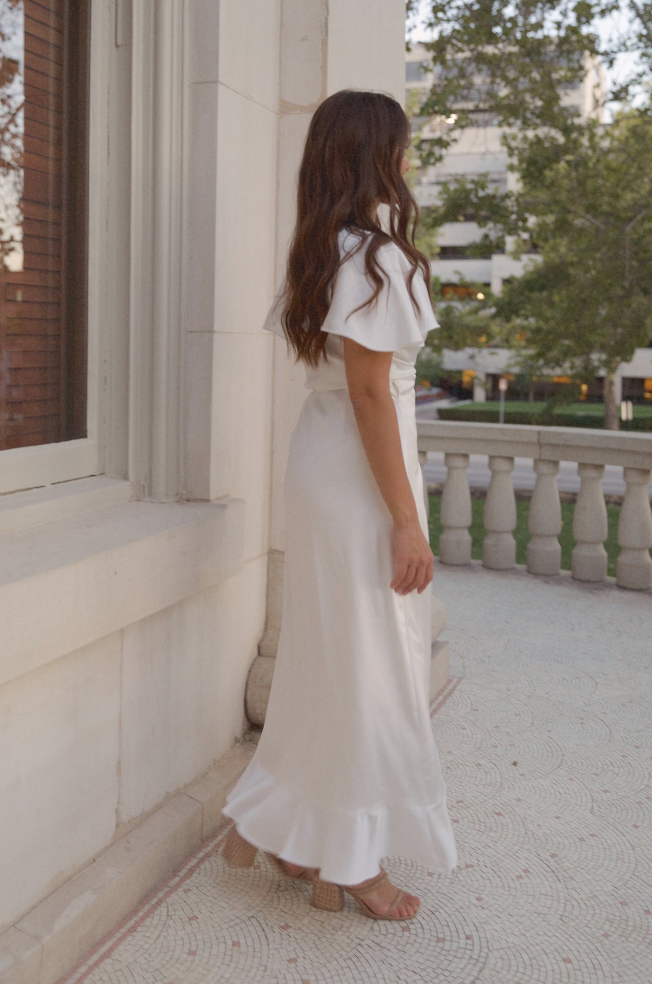 wrap white satin midi dress with flutter sleeves