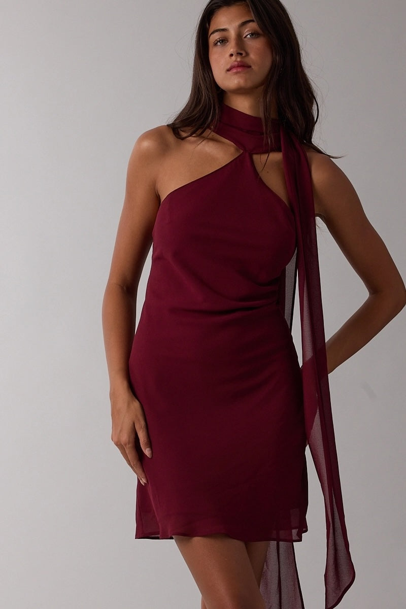 Burgundy Halter Scarf Mini Dress