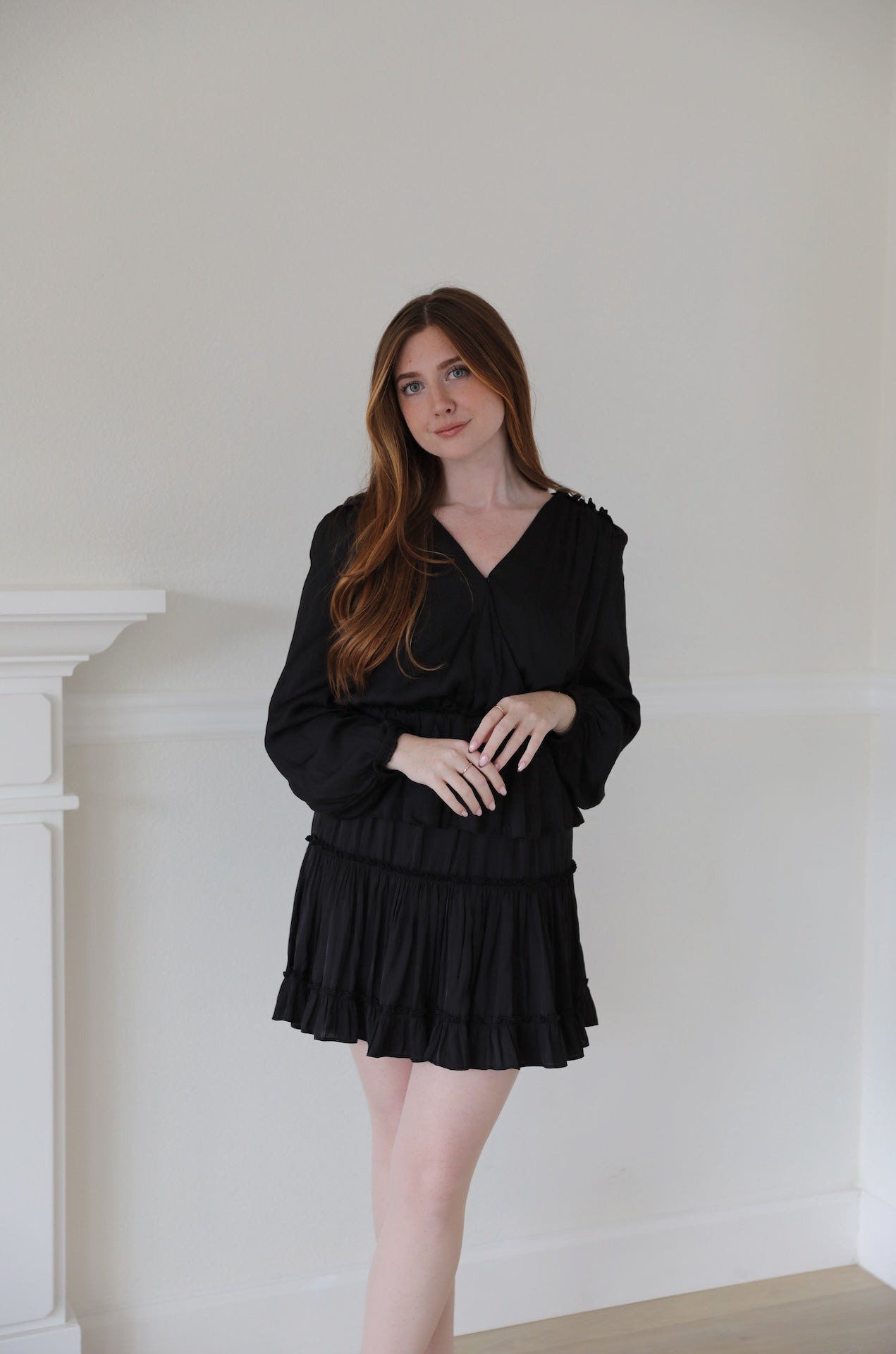 Surplice Tiered Mini Dress - Black