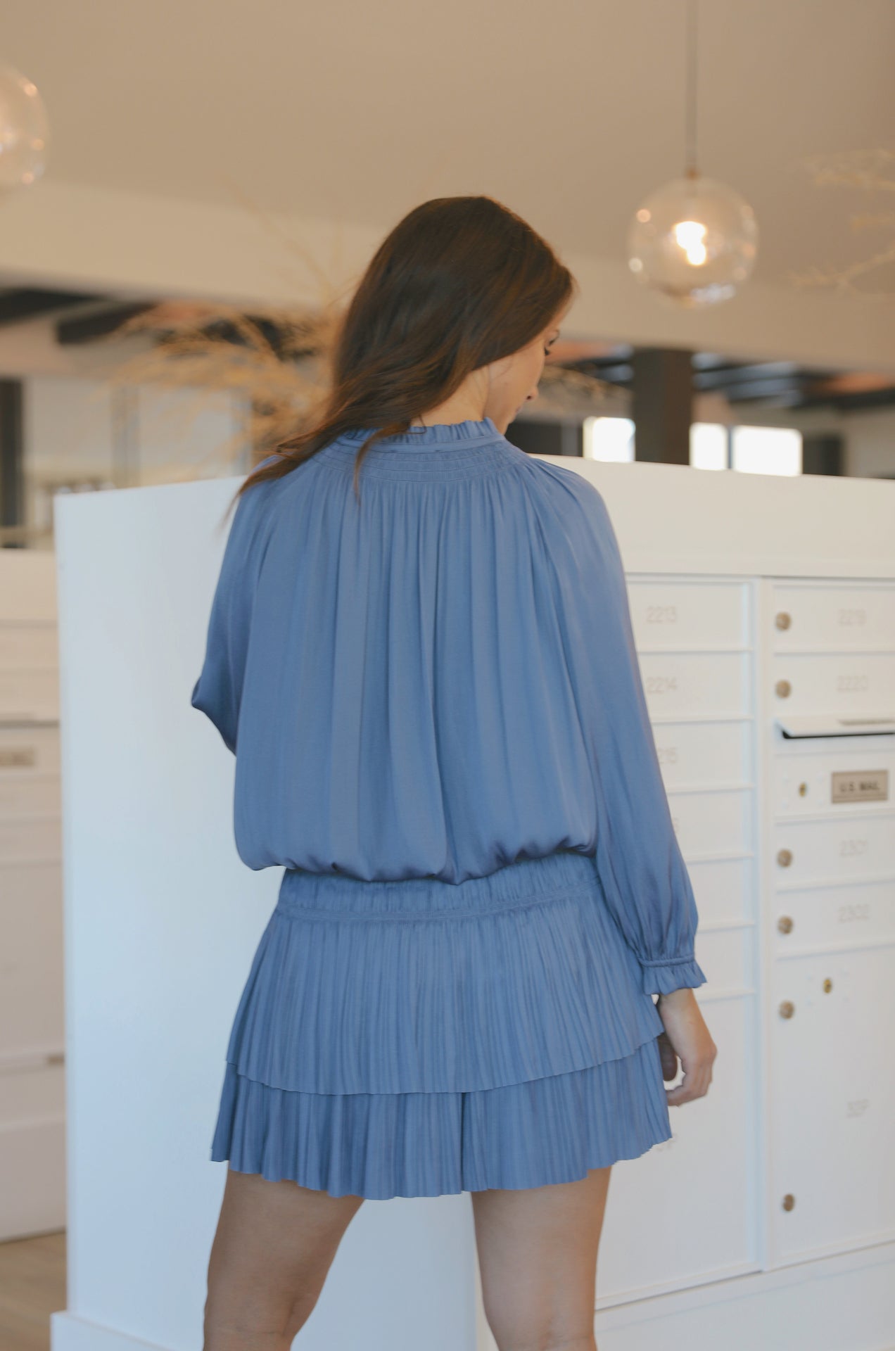 Aurelie Pleated Mini Dress - Dusty Blue